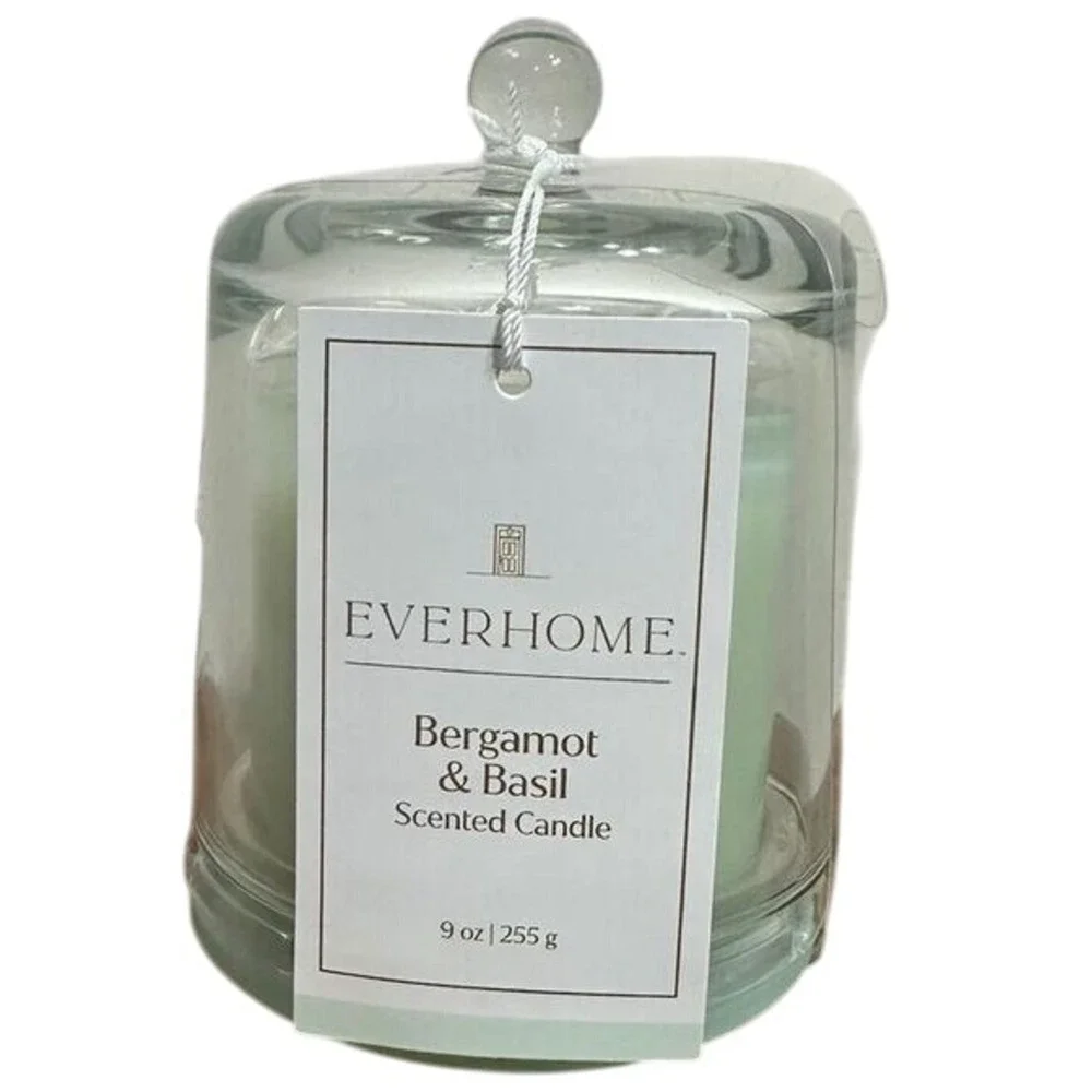 Everhome Bergamot & Basil Scented Candle 9oz with Glass‎ Cloche New